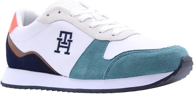 TOMMY HILFIGER Men's Evo Monogram Mixed Leather Runner, White, EU 42/US 9