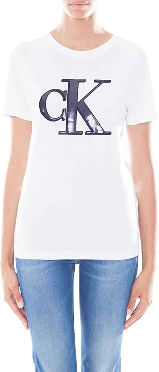 CALVIN KLEIN Jeans Women's CKJ Flock Monogram CK SL YAF WHT WMN TEE, Bright