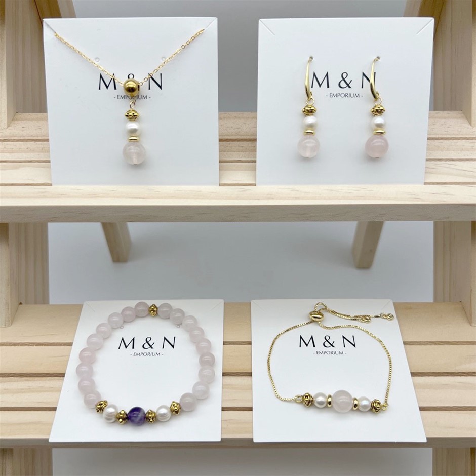 Rose Quartz, Amethyst & Freshwater Pearls Jewellery Set - 4 Pcs