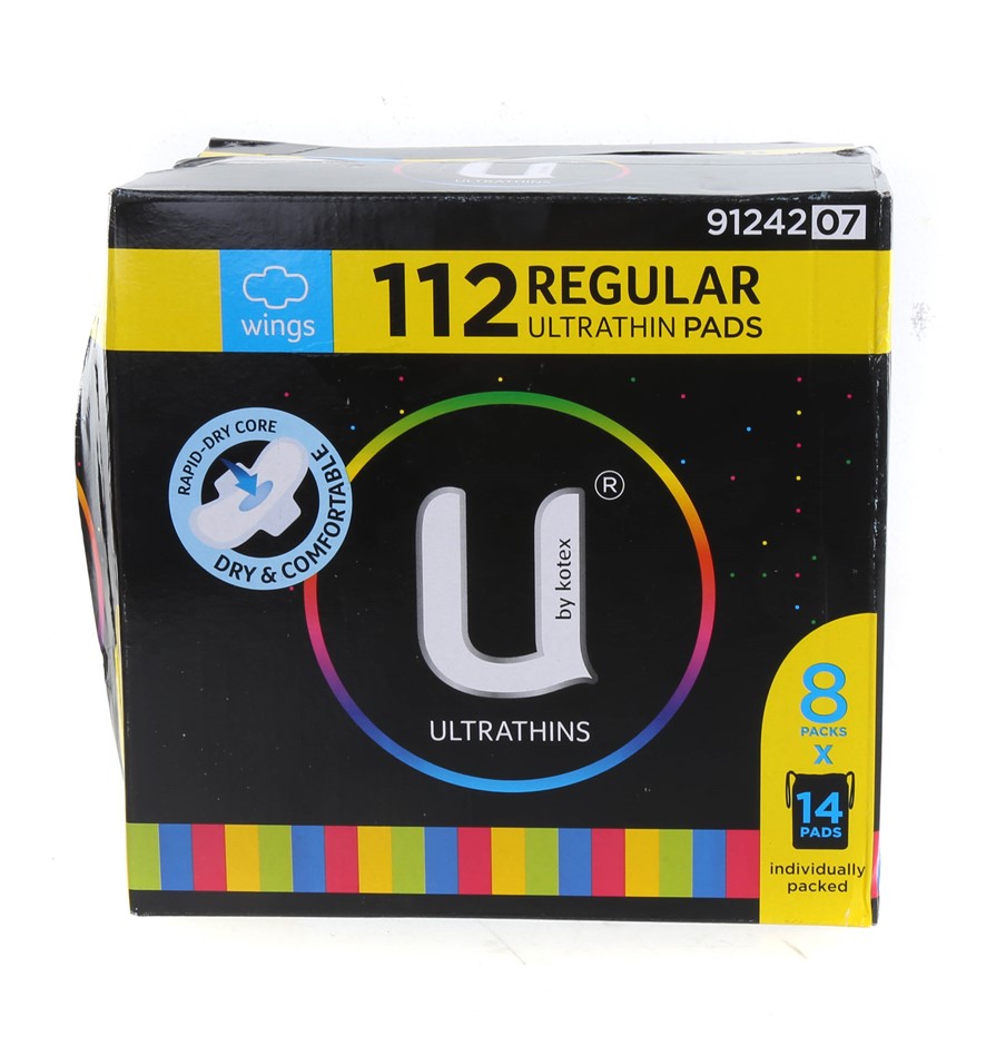 U BY KOTEX 112pk Regular Ultra Thin Pads w/ Wings. N.B. Damaged packaging &