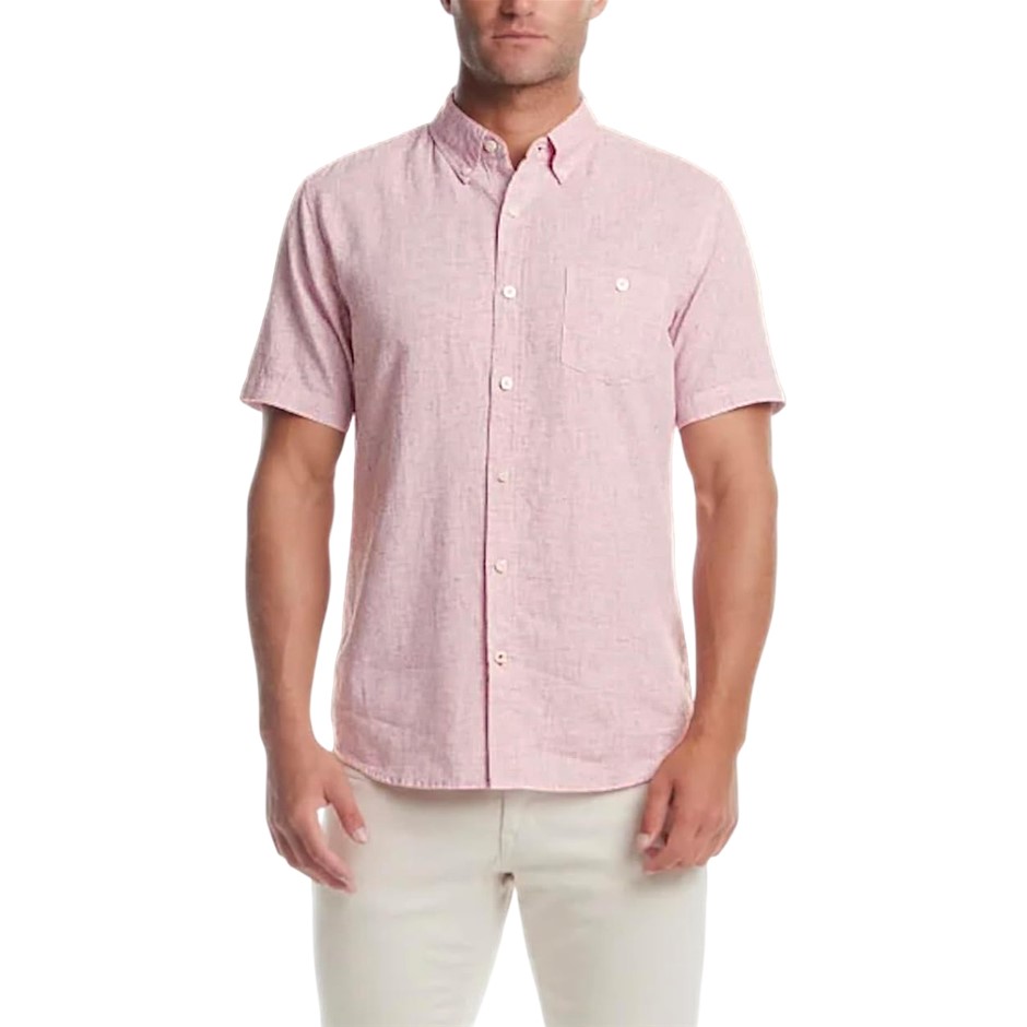 WEATHERPROOF Men's Linen S/S Shirt, Size XL, 55%Linen/45%Cotton, Scarlet Sa