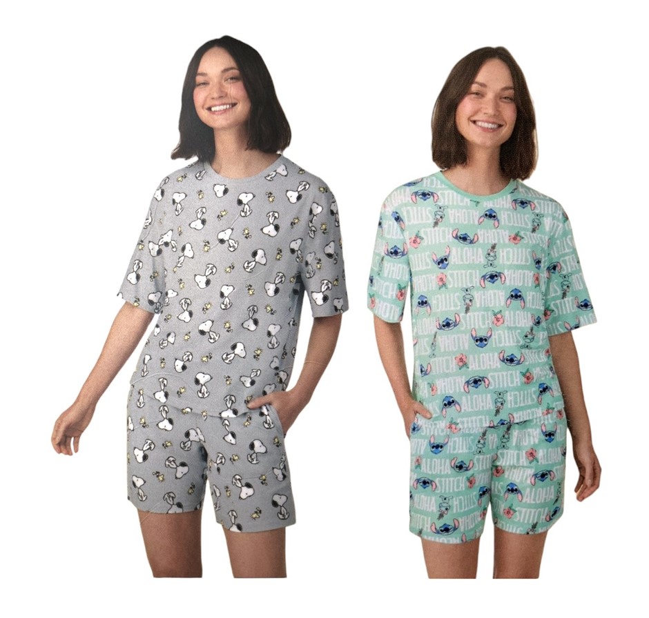 2 x Women's Character PJ Sets, Size M, Snoopy/Grey & Stitch/Green, 230326.