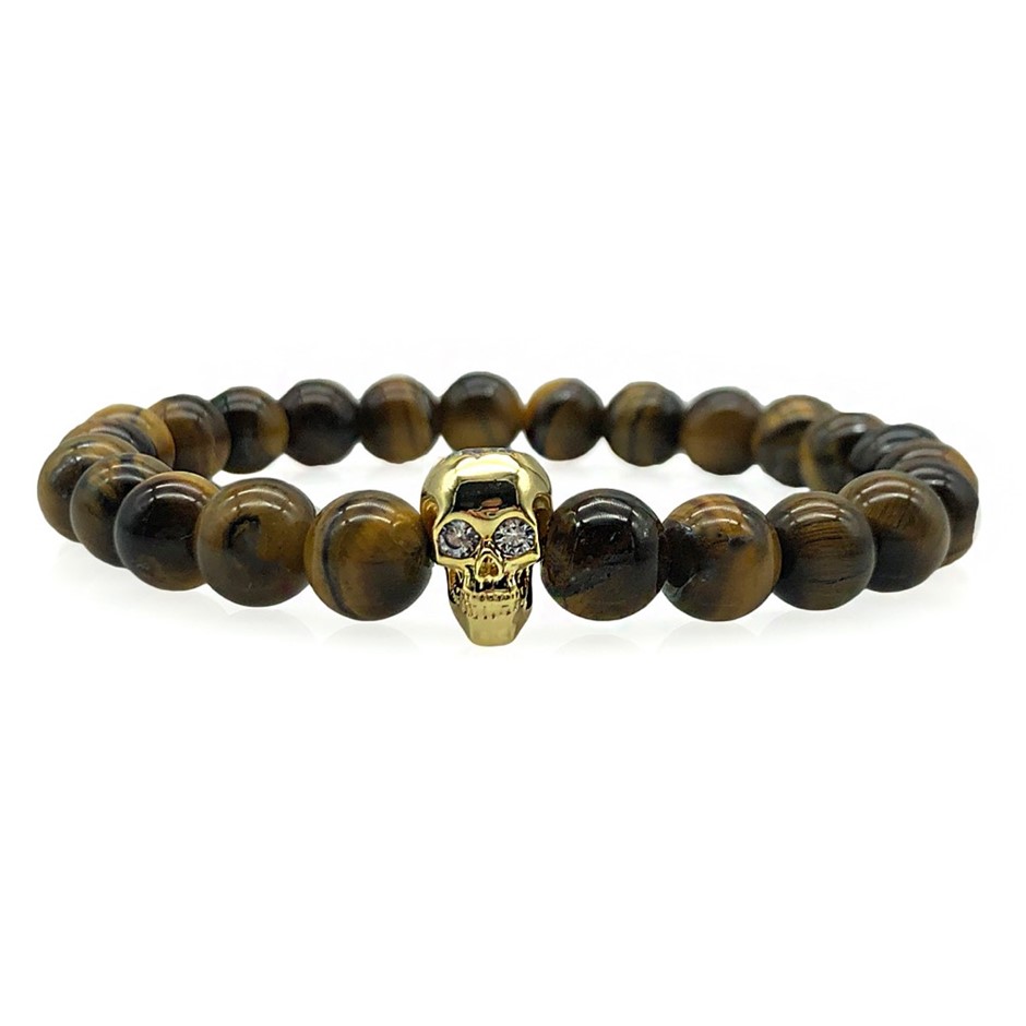 Men's 8mm Tiger Eye & AAA Grade Cubic Zirconia Skull Beaded Bracelet