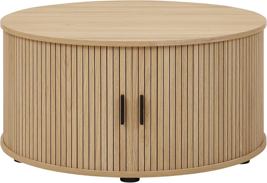 MERRYLUK Round Coffee Table with Sliding Tambour Door, Oak. NB: damaged pac