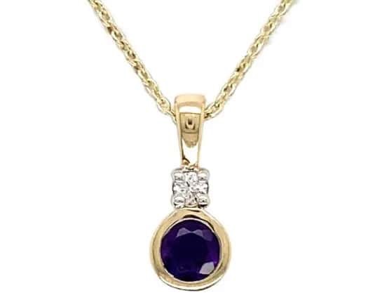 9K YELLOW GOLD 0.05ct HI SI DIAMOND AMETHYST NECKLACE 45cm
