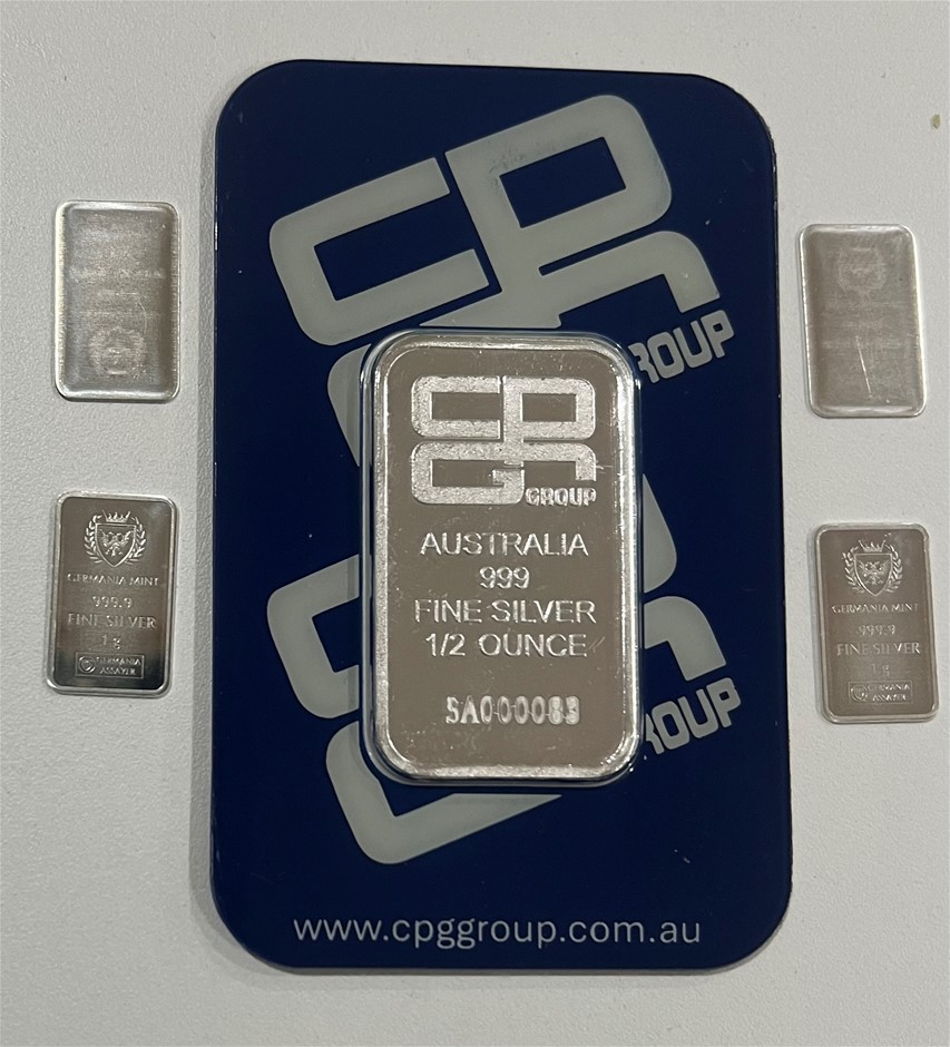 1/2 Ounce CPG Silver certified Sealed Bar & 4 x Germania Mint 1g Silver