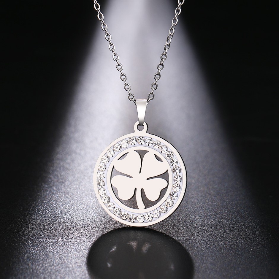 Stainless Steel Clover Necklace with Simulated Diamonds