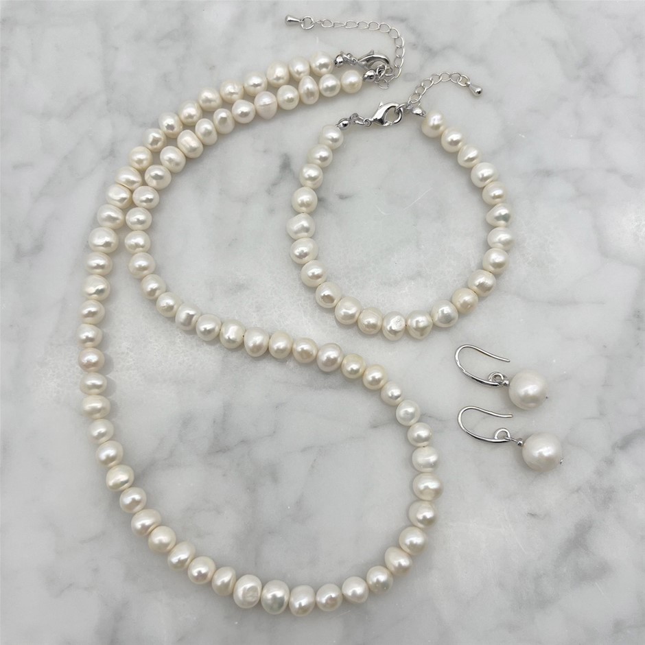 7-8mm White Pearls Platinum Plated Jewellery Set