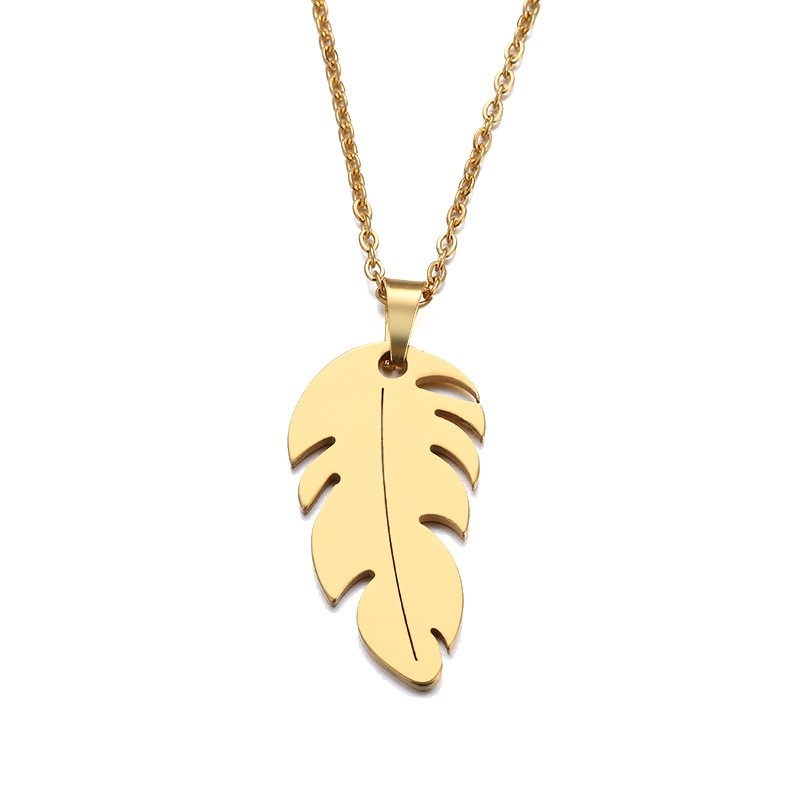 Designer Stainless Steel Feather Pendant Necklace - Yellow
