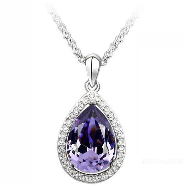 Designer Simulated Diamond Purple Teardrop Pendant Necklace in Silver