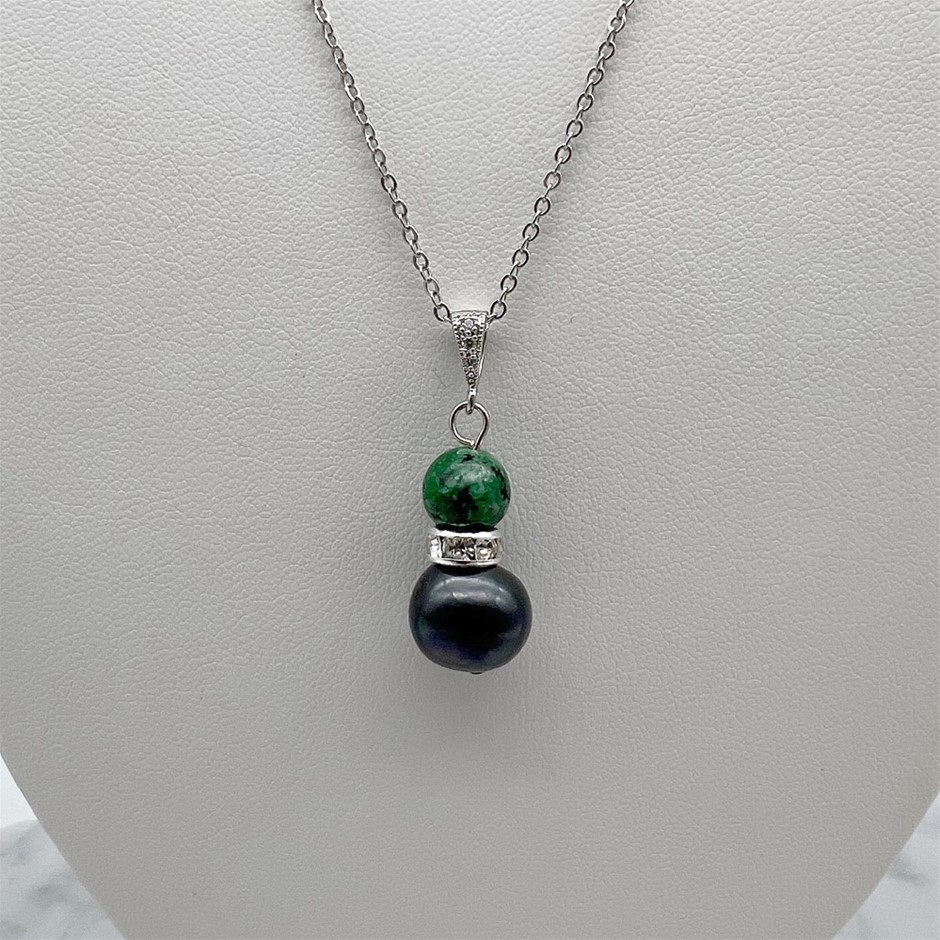 Pearl & Dark African Jasper 'Turquoise' Platinum Plated Pendant Necklace