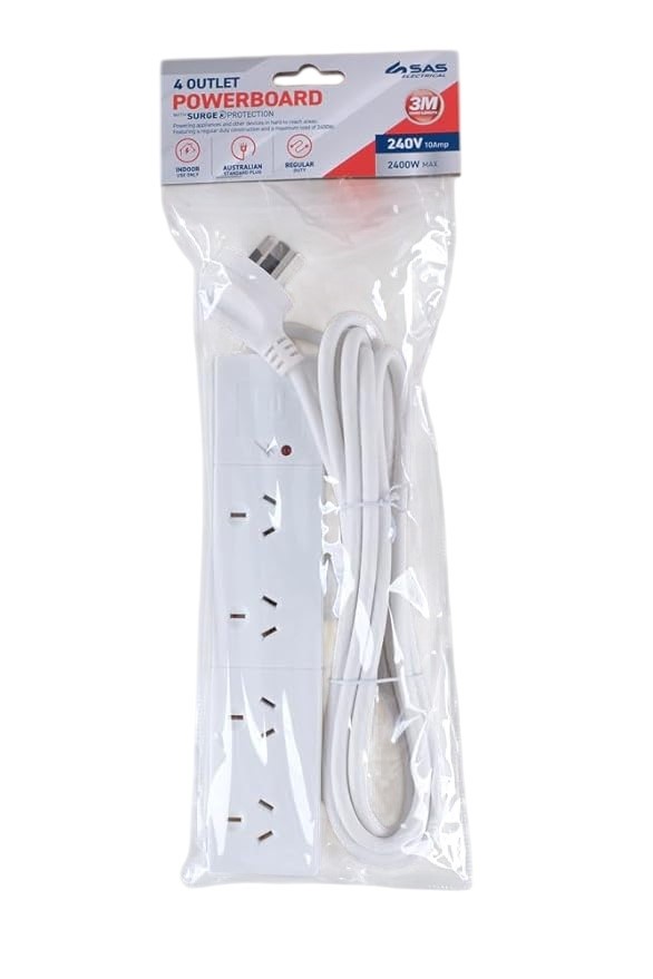 SAS Electrical 240V 10Amp 4 Outlets Power Board with Surge Protection, Whit