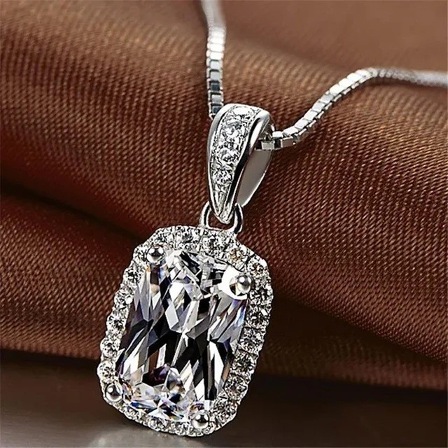 Designer Rectangular Statement Simulated Diamond Drop Pendant in Silver