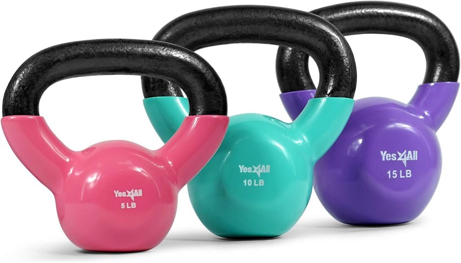 YES4ALL Vinyl Coated Kettlebell Set, Includes: 1 x 5lbs, 1 x 10lbs & 1 x 15