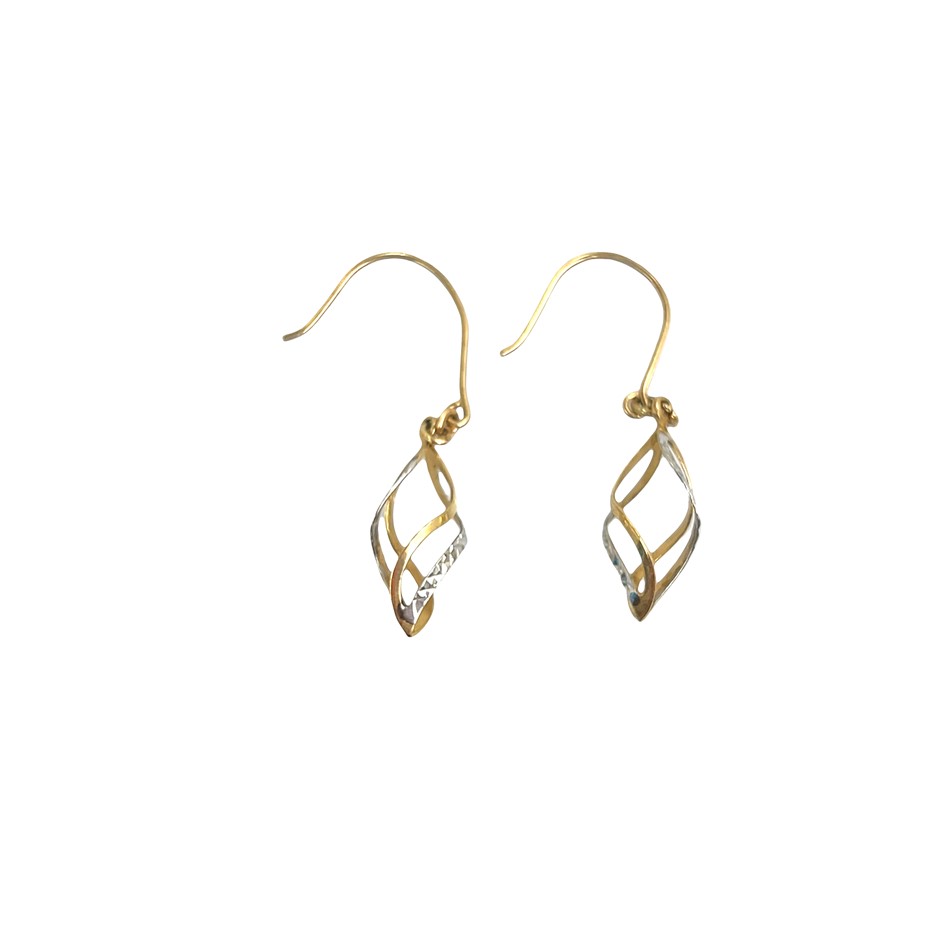 9ct Yellow & White Gold Twist Drop Earrings with Shepard Hooks