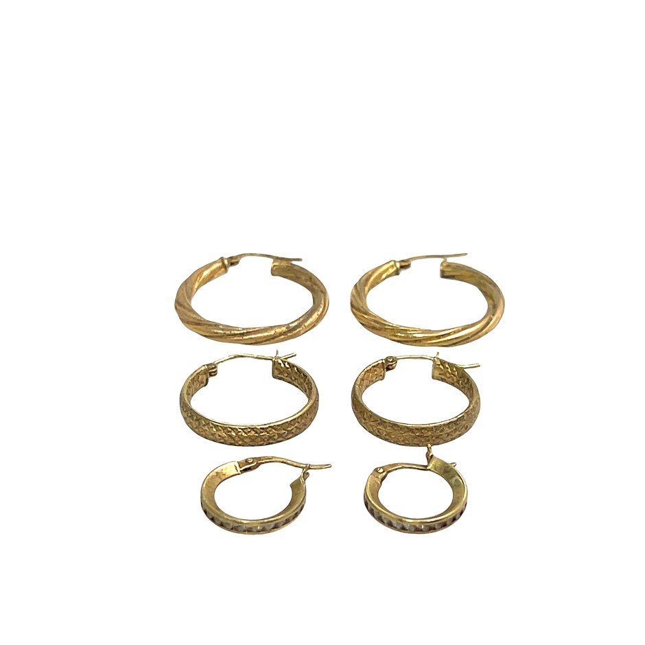 3 x 9ct Yellow Gold Hoop Earrings