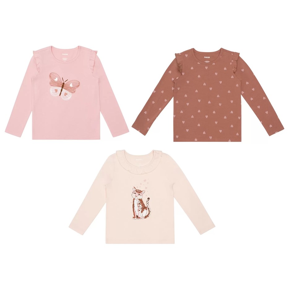 3-Pack PEKKLE Kids' Long Sleeve Set, Size 6, Light Pink Butterfly Combo.