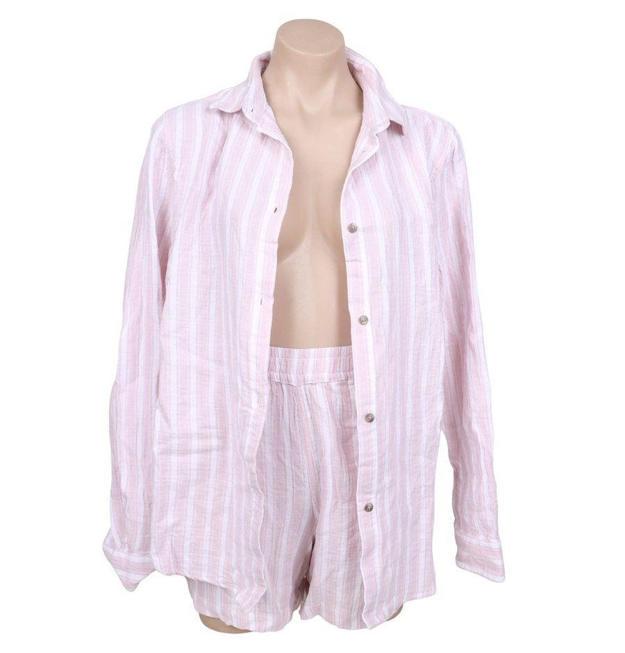 LEO&NICOLE Women's Gauze Shirt & Short Set, Size S, 100% Cotton, Pink/White