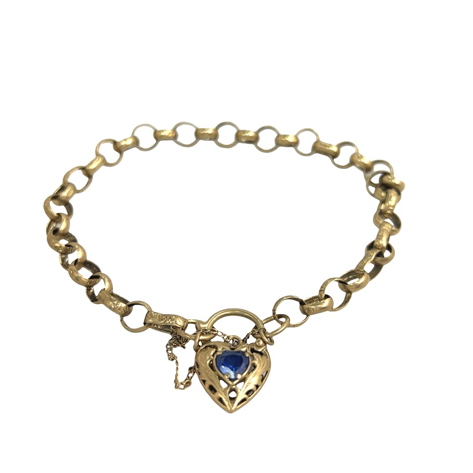 9ct Yellow Gold Belcher Link Bracelet With Heart Locket & Safety Chain