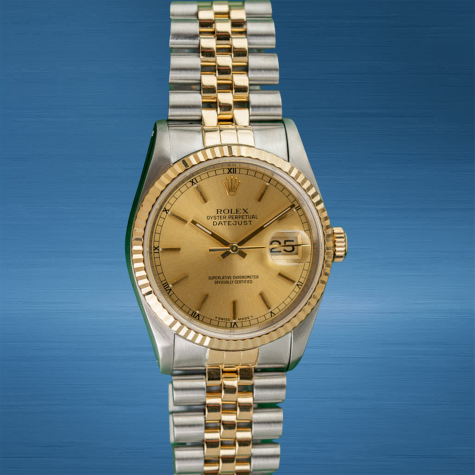 Rolex Datejust 36 Champagne Index Dial 16233 Two-Tone Yellow Gold 1991 BxO
