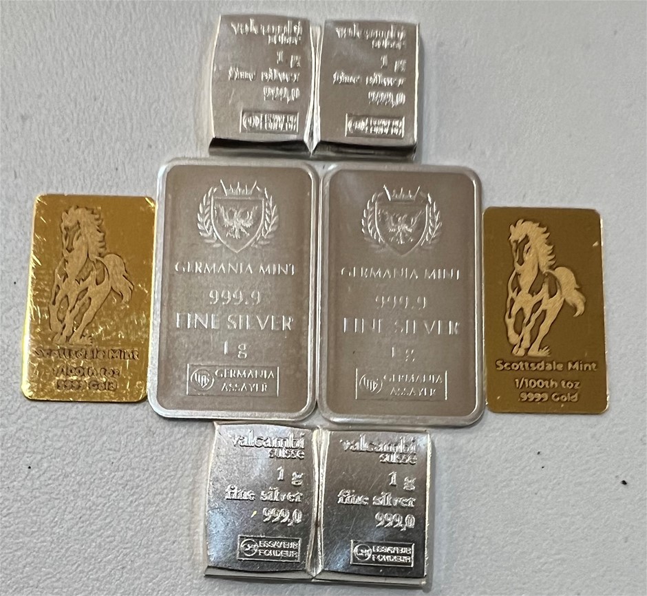 2 x1/100 Scottdale gold bar, 4 x 1 gram valcumbi silver bar, 2 x1 gram