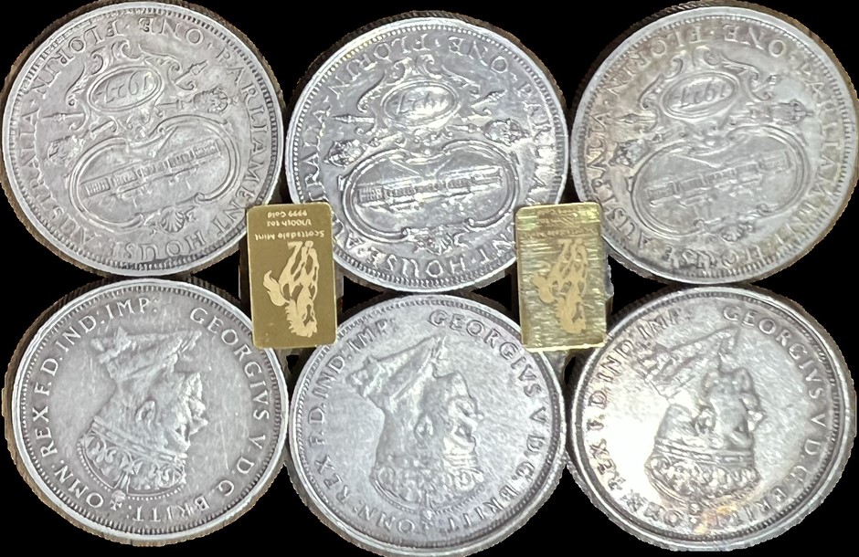 1927 Australia KGV Silver Canberra Florin x 3 &1/100 Scott Dale Gold Bar