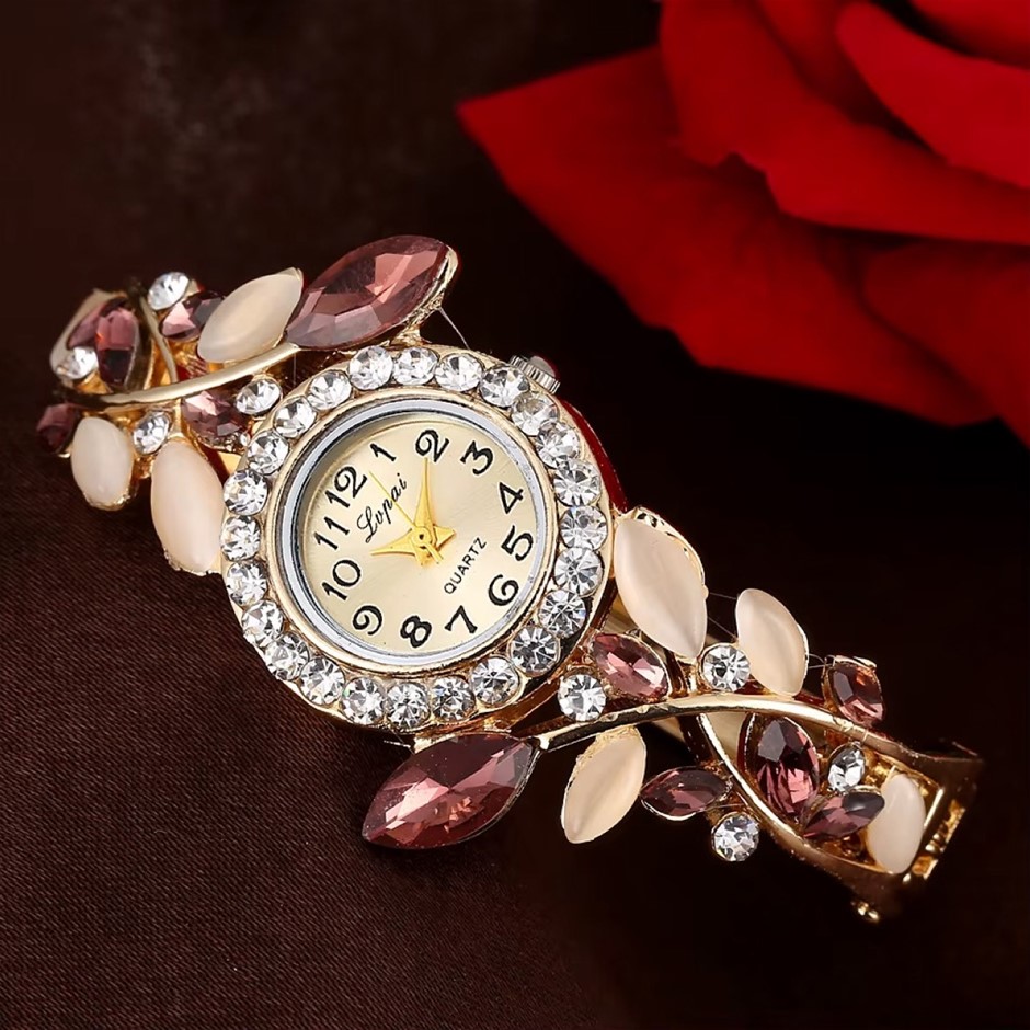 Luxury Crystal Flower Bracelet Wrist Watch, Purple