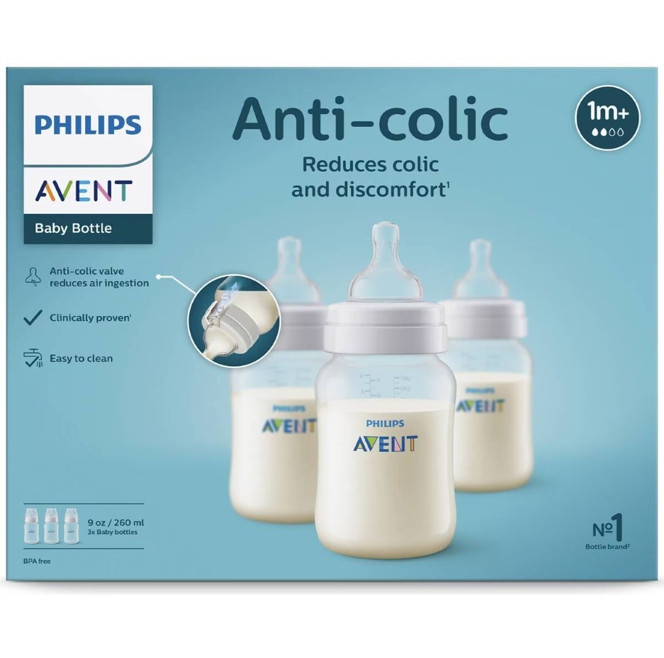 PHILIPS AVENT Anti-Colic Baby Bottles, 260ml, 3 Pack, SCY103/03. NB: Damage