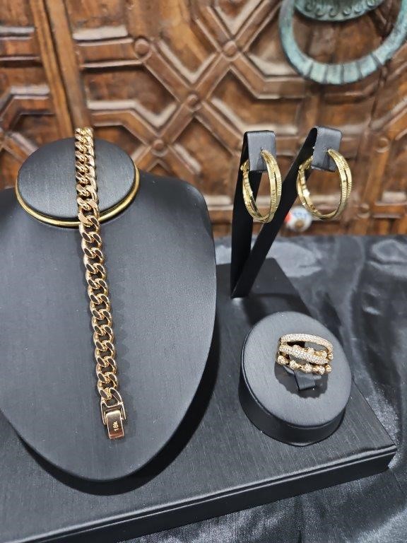 3pcs x 18KGold Filled/Italy Stamped Yellow Bracelet & Ring & Earring-Sales