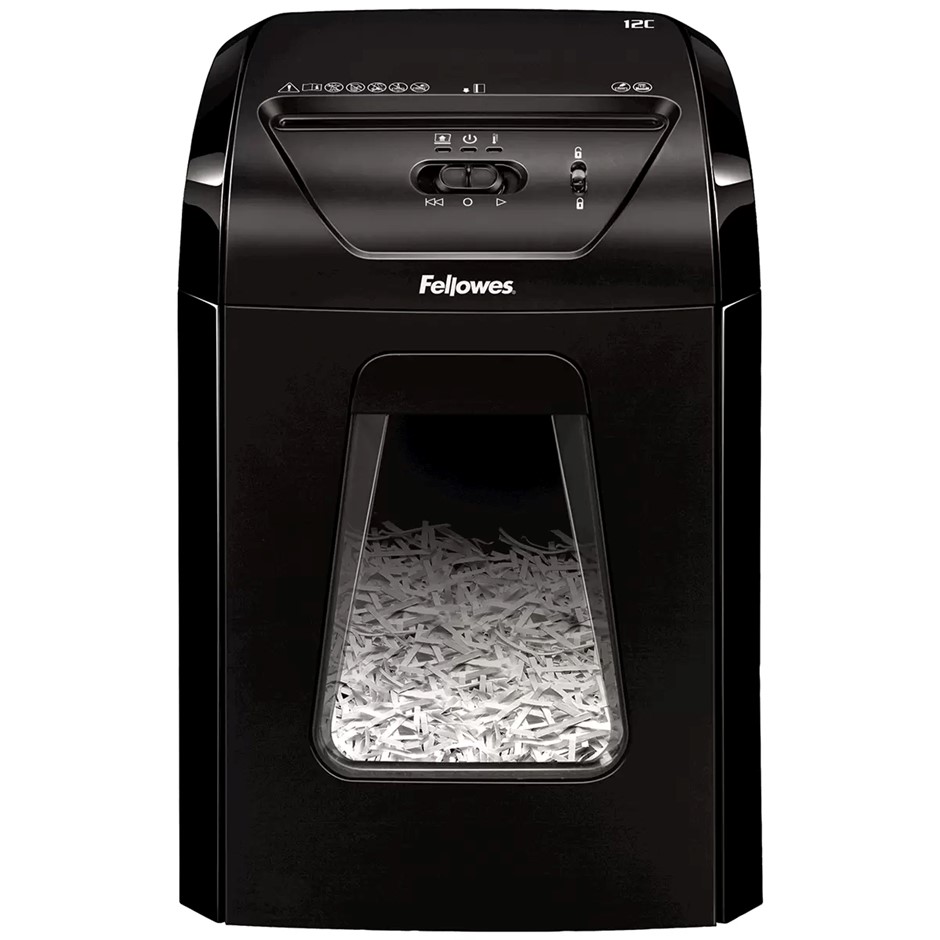 FELLOWES Powershred 12C Cross-Cut Shredder, Black. NB: Used - test ok