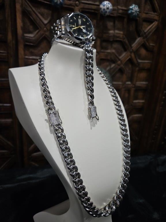 3pcs x 18K/Italy Stamped White Gold Filled Chain & Bracelet & Watch-