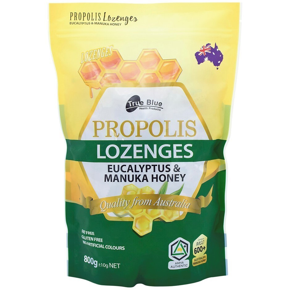 2 x TRUE BLUE Propolis Eucalyptus & Manuka Honey Lozenges, 800g. NB: Damage