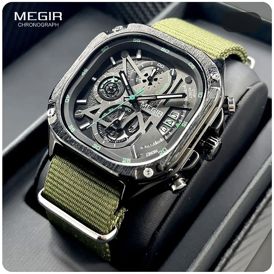 NEW MEGIR Retro Black Square SS Chrono Watch
