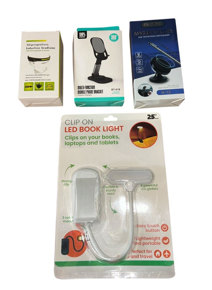 4x Assorted Products (1x Clip-on LED Book Light, 1x Headlamp, 1x Holder)