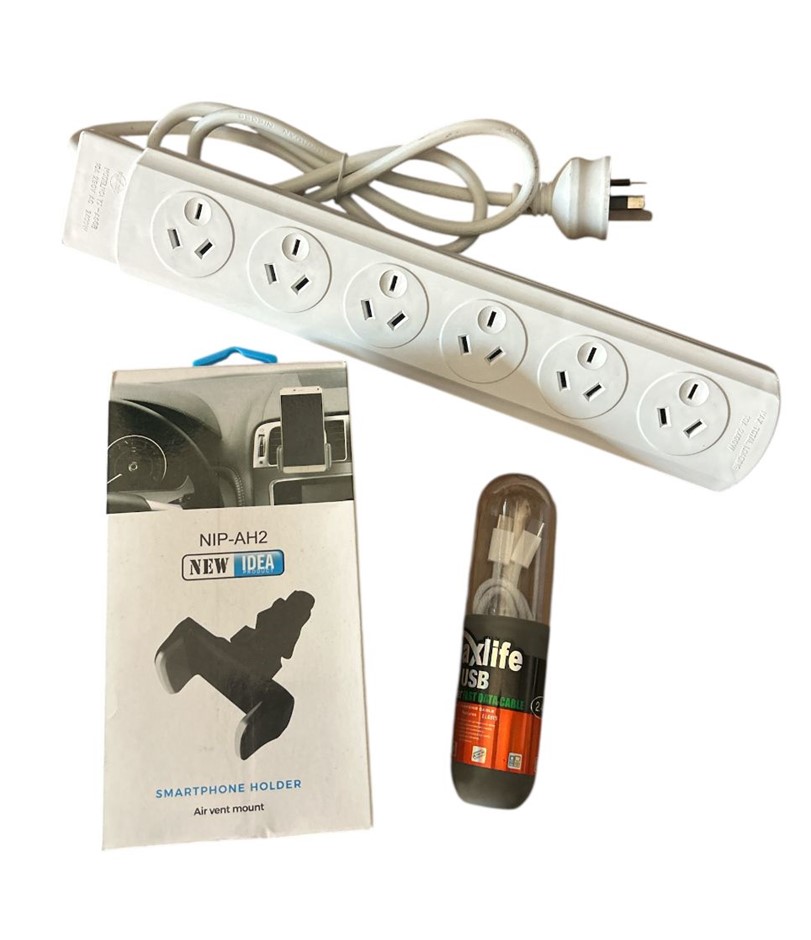 3x Assorted Products (1x 6 Outlet Powerboard, 1x Smartphone Holder, 1x USB)
