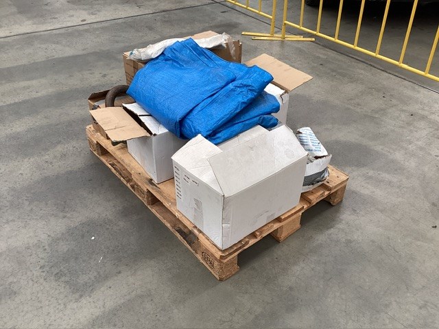 Pallet Containing Hand Winches And Dust Masks, Blue Tarp