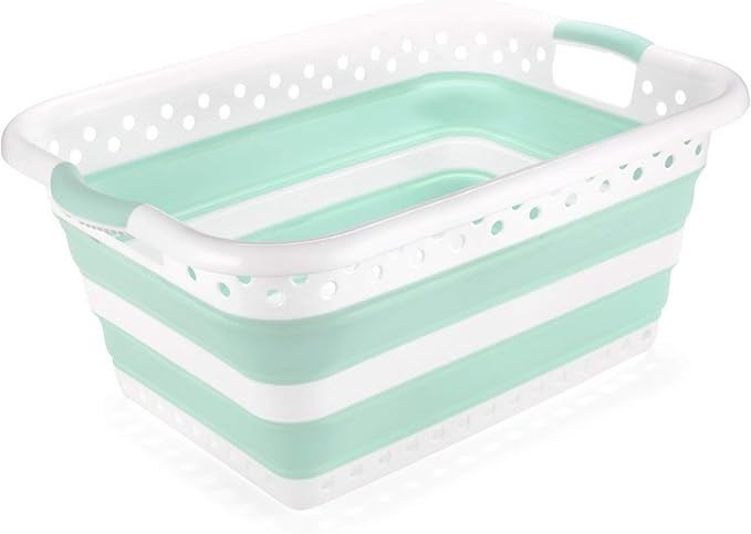 Addis 517934 Foldable Rectangular Laundry Basket, White & Aqua Haze, 45 lit