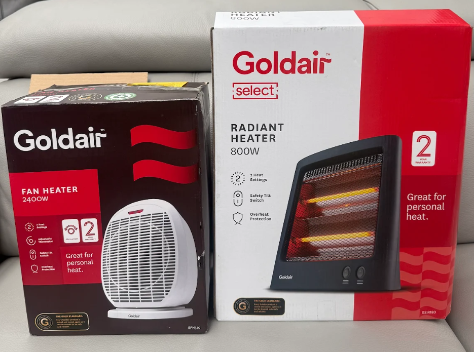BUNDLE: Goldair 2400W Upright Oscillating Fan Heater + Goldair 800W 2,Bar R
