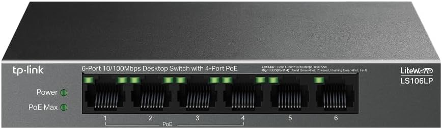 TP-LINK 6-Port 10/100Mbps Desktop Ethernet Switch with 4-Port PoE, 41 W PoE