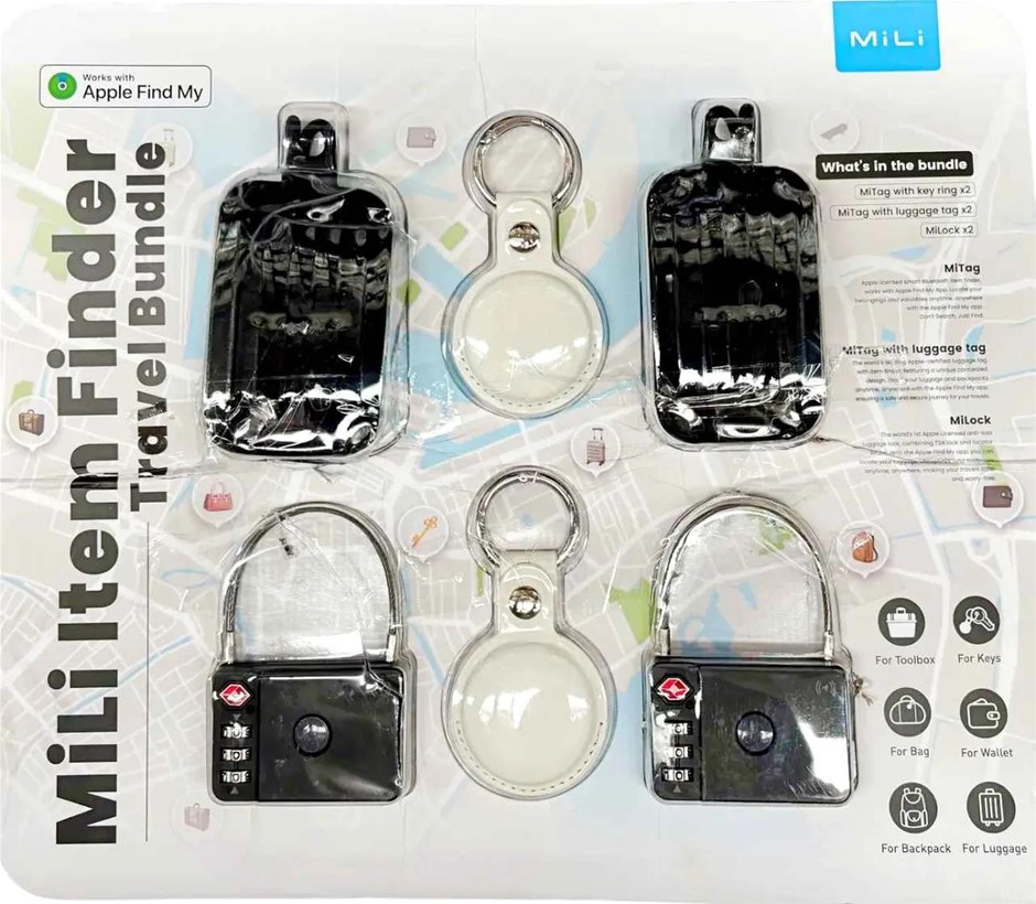 MILI Item Finder Travel Bundle, White/ Black. Incl: 2 x MiTag w/ Key Ring,