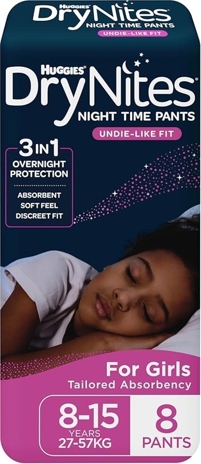 3 x 8-Pack HUGGIES Girls' DryNites Night Time Pants, 8-15 Years (27-57kg).