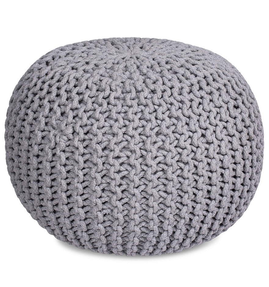 BIRDROCK HOME Knitted Pouf, Round, Grey.