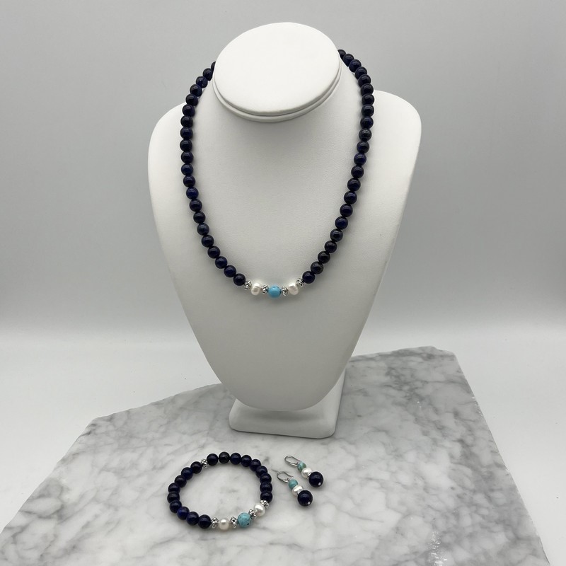 Lapis Lazuli, Turquoise, Pearls Jewellery Set