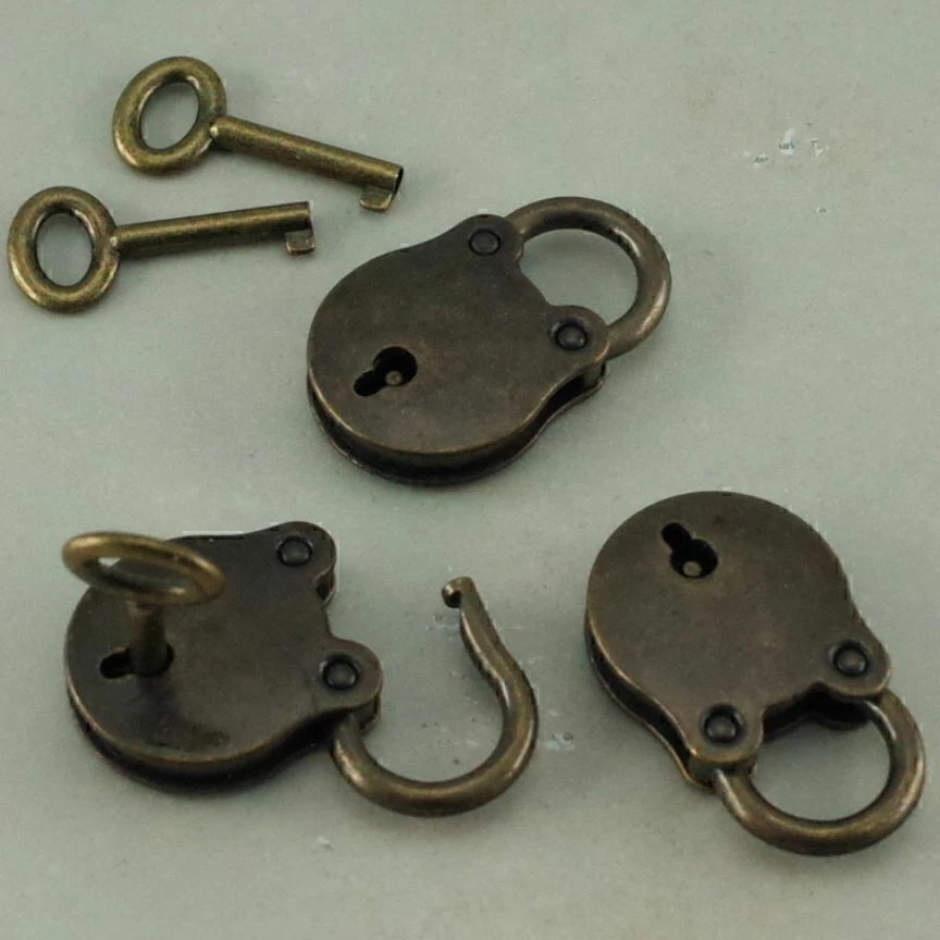 3 X Old Vintage Bronze Mini Padlocks With Keys