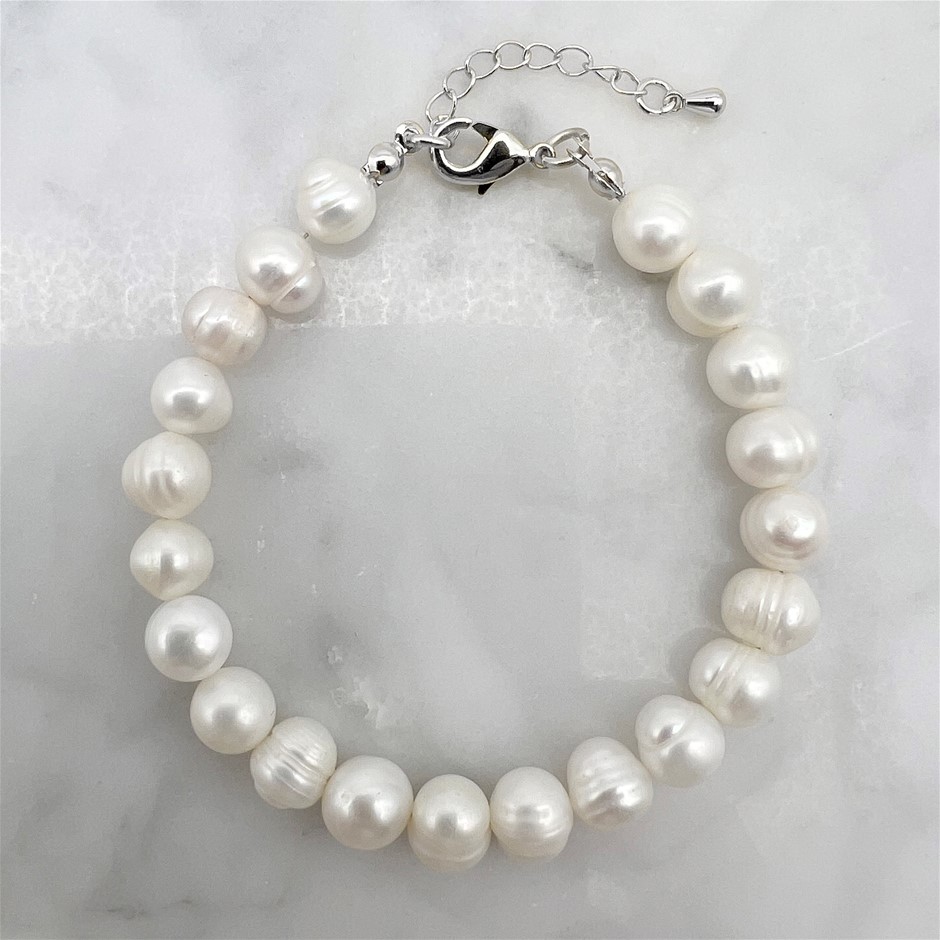 7-8mm Potato Shape Pearl with Real Platinum Plated Bracelet