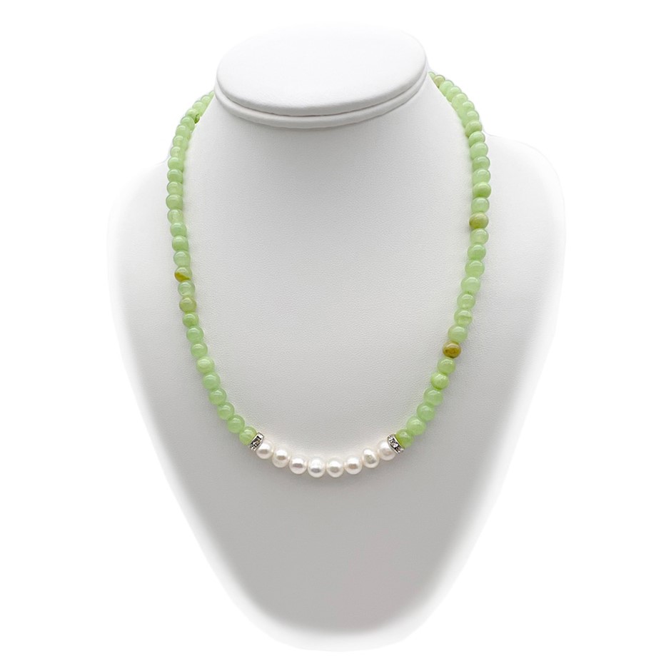 7-8mm Pearl & Flower Jade with Real Platinum Plated Necklace