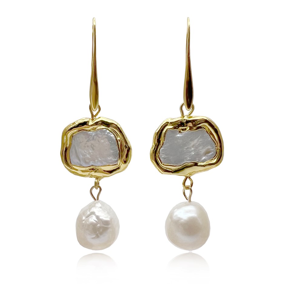 Keshi with Gold Trim & Baroque Pearl Dangling Earrings.