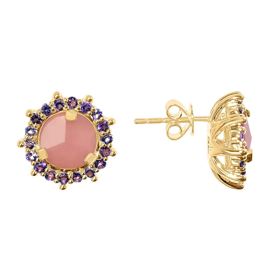 14kt Yellow-Gold Guava Quartz & Amethyst Stud Earrings. Each set w/ one rou