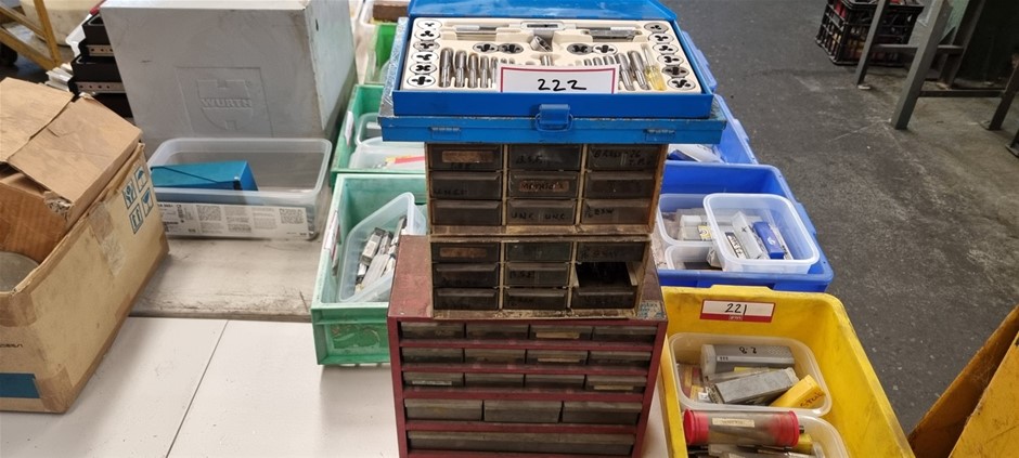 Tap sets, drill cabinets and contents