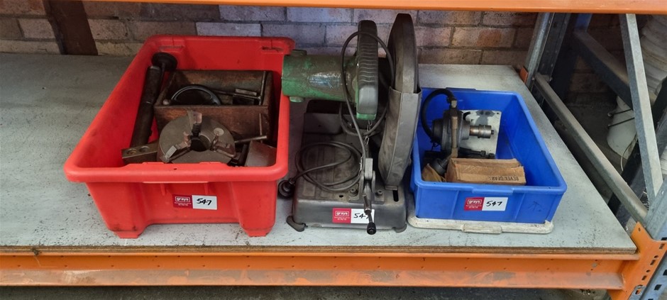 Drop Saw and 2 bins various parts